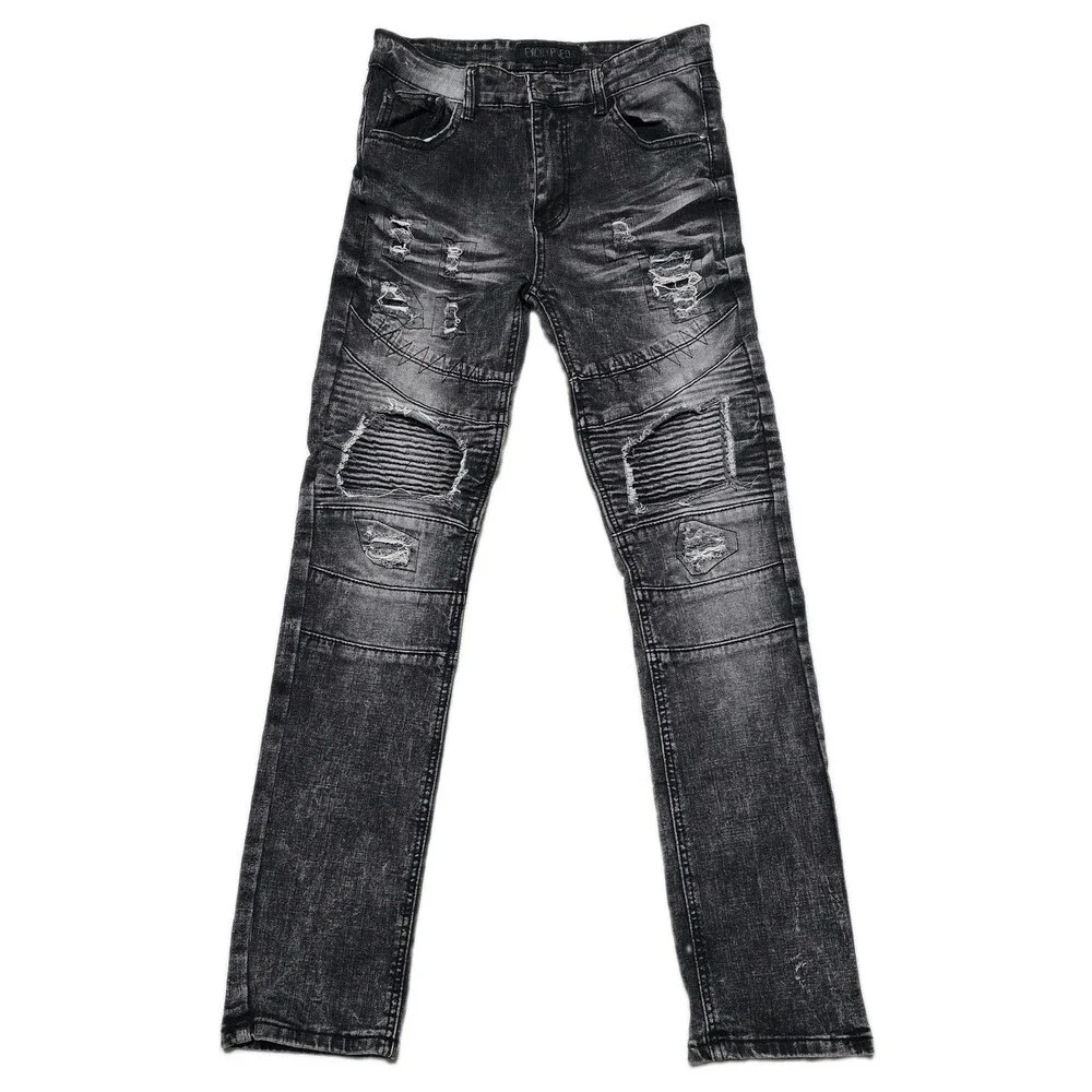 Encrypted Youth, Boys 18 Distressed Moto Biker Jeans Black Gray Acid Wash Pants